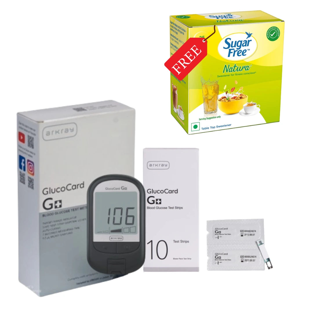 ARKRAY Glucocard G+ Blood Glucose Monitor with 10 Test Strips | Free Sugar Free Natura 25s Sachet Pack | Accurate & Easy Diabetes Monitoring (Copy) Arkray