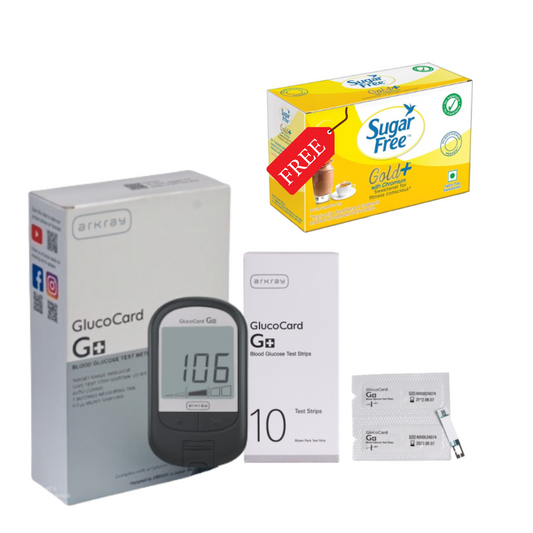 ARKRAY Glucocard G+ Blood Glucose Monitor with 10 Test Strips | Free Sugar Free Natura 25s Sachet Pack | Accurate & Easy Diabetes Monitoring Arkray