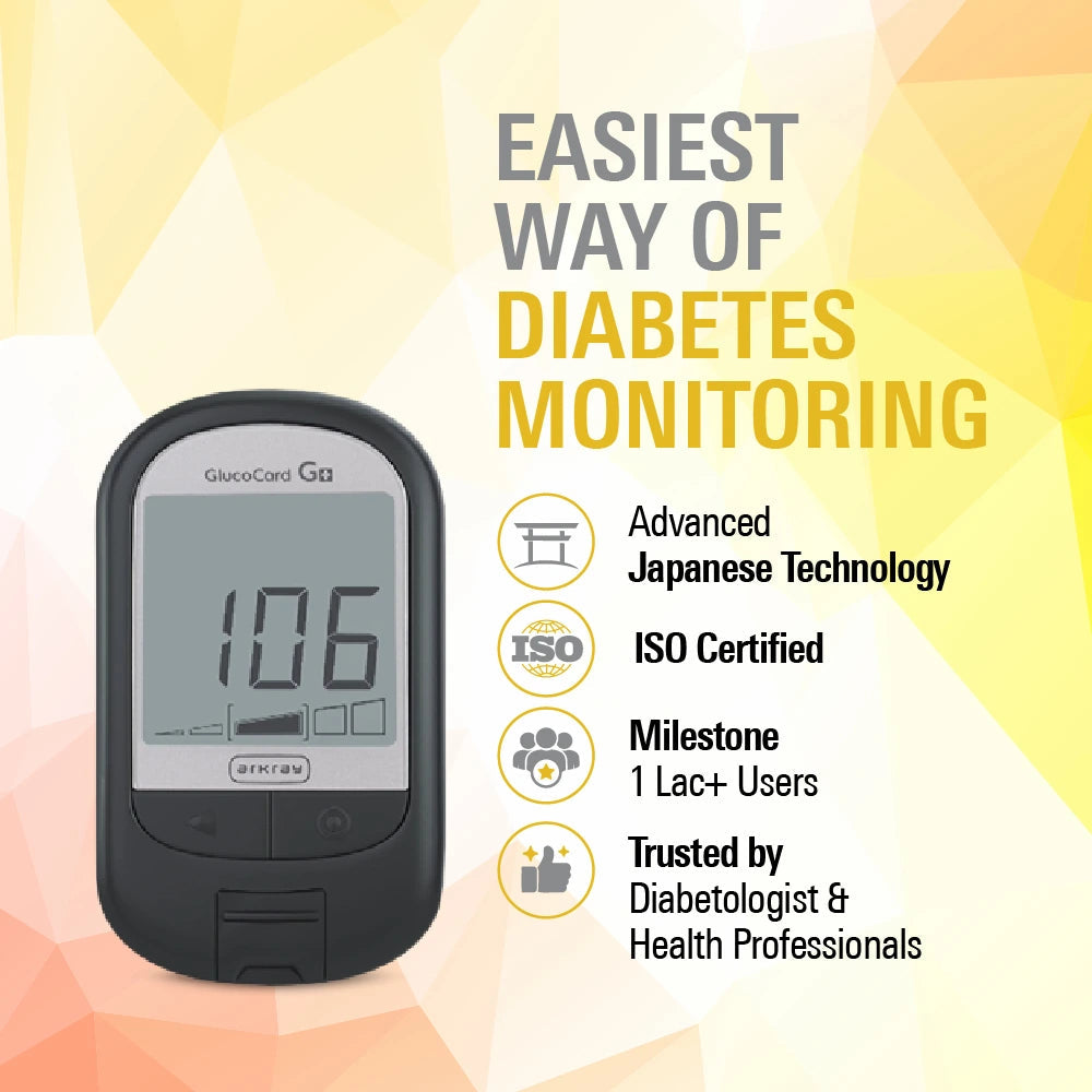 ARKRAY Glucocard G+ Blood Glucose Monitor with 10 Test Strips | Free Sugar Free Natura 25s Sachet Pack | Accurate & Easy Diabetes Monitoring (Copy) Arkray