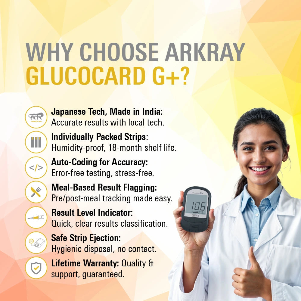 ARKRAY Glucocard G+ Blood Glucose Monitor with 10 Test Strips | Free Sugar Free Natura 25s Sachet Pack | Accurate & Easy Diabetes Monitoring (Copy) Arkray