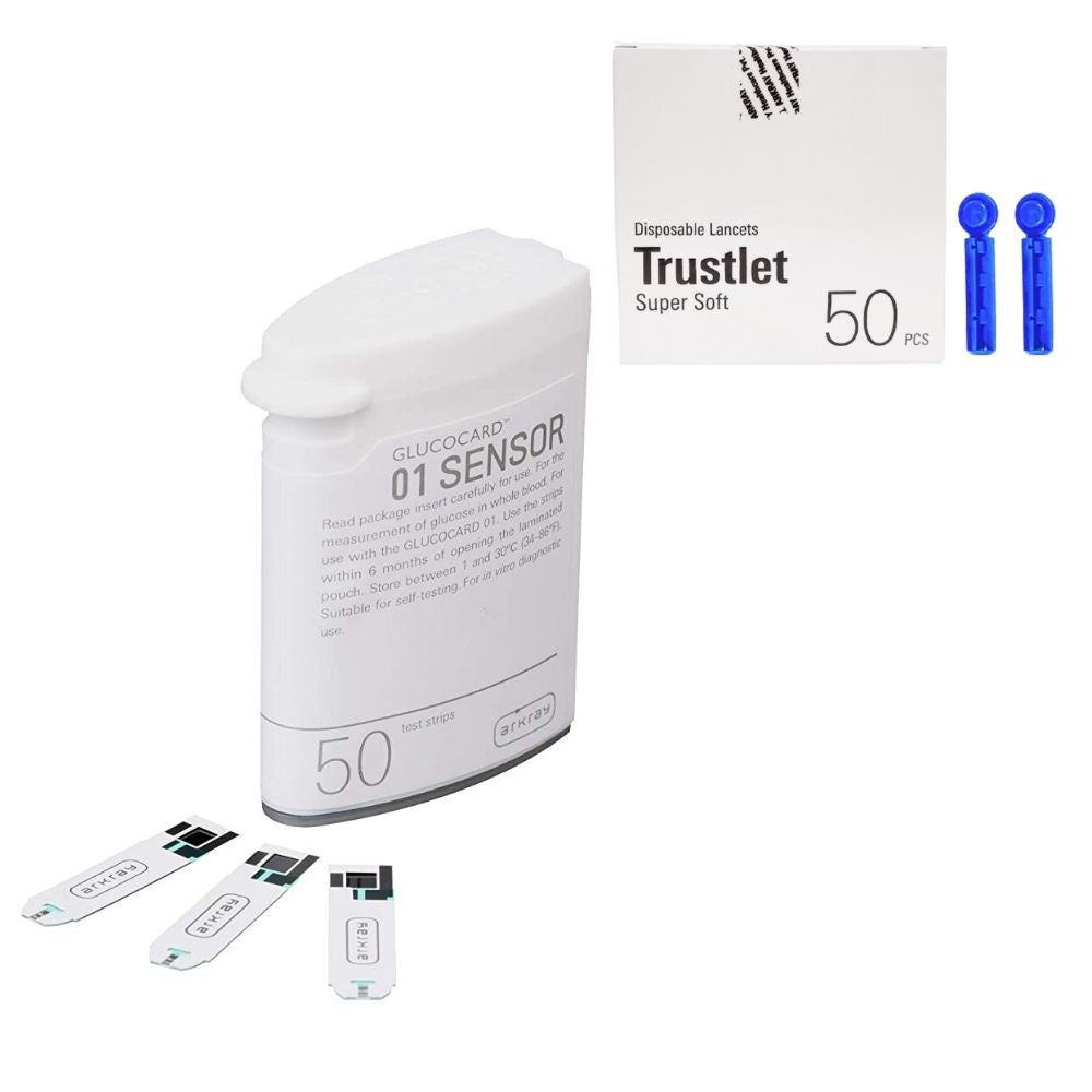 ARKRAY Glucocard 01 Mini 50 strips Bottlepack with 50 Lancets Combo For Blood Glucose Monitor Arkray