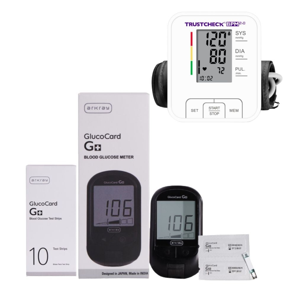 ARKRAY Glucocard G+ Blood Glucose meter With 10 Strips and TRUSTCHECK Blood Pressure Monitor 2.0 Combo Arkray