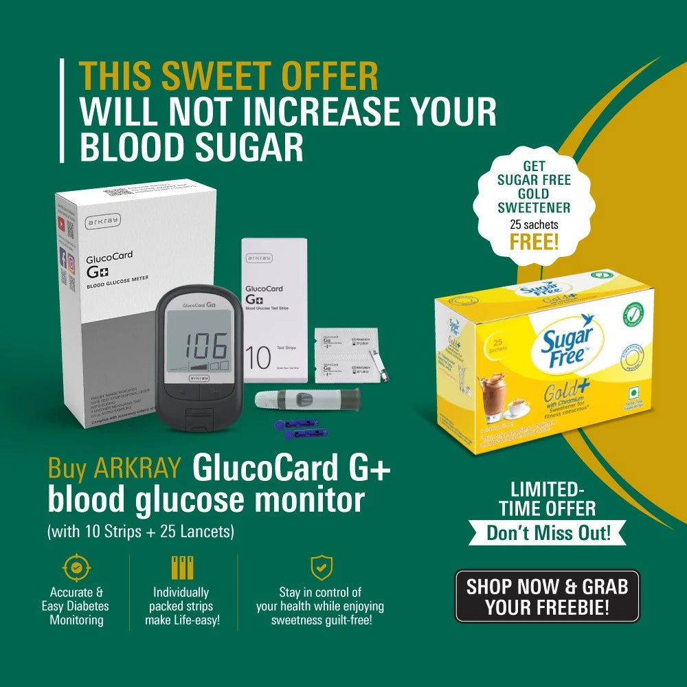 ARKRAY Glucocard G+ Blood Glucose Monitor with 10 Test Strips | Free Sugar Free Natura 25s Sachet Pack | Accurate & Easy Diabetes Monitoring Arkray