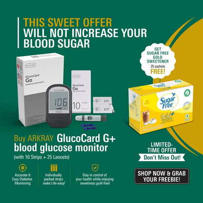 ARKRAY Glucocard G+ Blood Glucose Monitor with 10 Test Strips | Free Sugar Free Natura 25s Sachet Pack | Accurate & Easy Diabetes Monitoring Arkray
