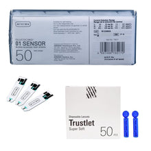 Load image into Gallery viewer, ARKRAY Glucocard 01 Mini 50 strips with 50 Lancets Combo For Blood Glucose Monitor Arkray