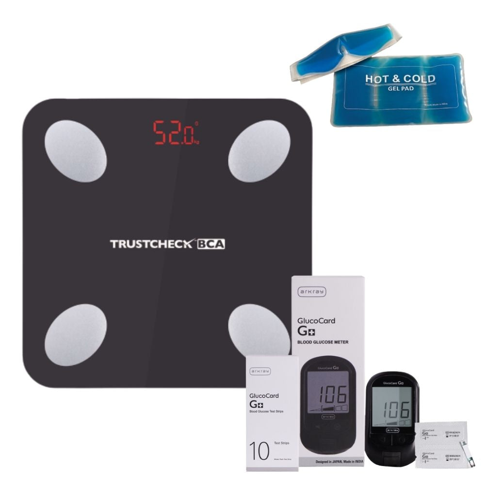 TRUSTCHECK Body Composition Analyzer & Blood Glucose Monitor G+ & 10 Strips Combo With Relax & Relief Kit Arkray